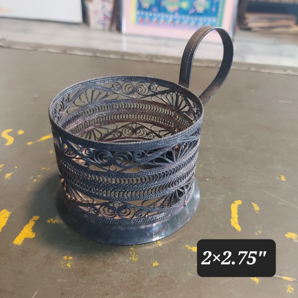 Vintage Russian Filigree Podstakannik Tea Glass Holder Soviet USSR Hallmarked